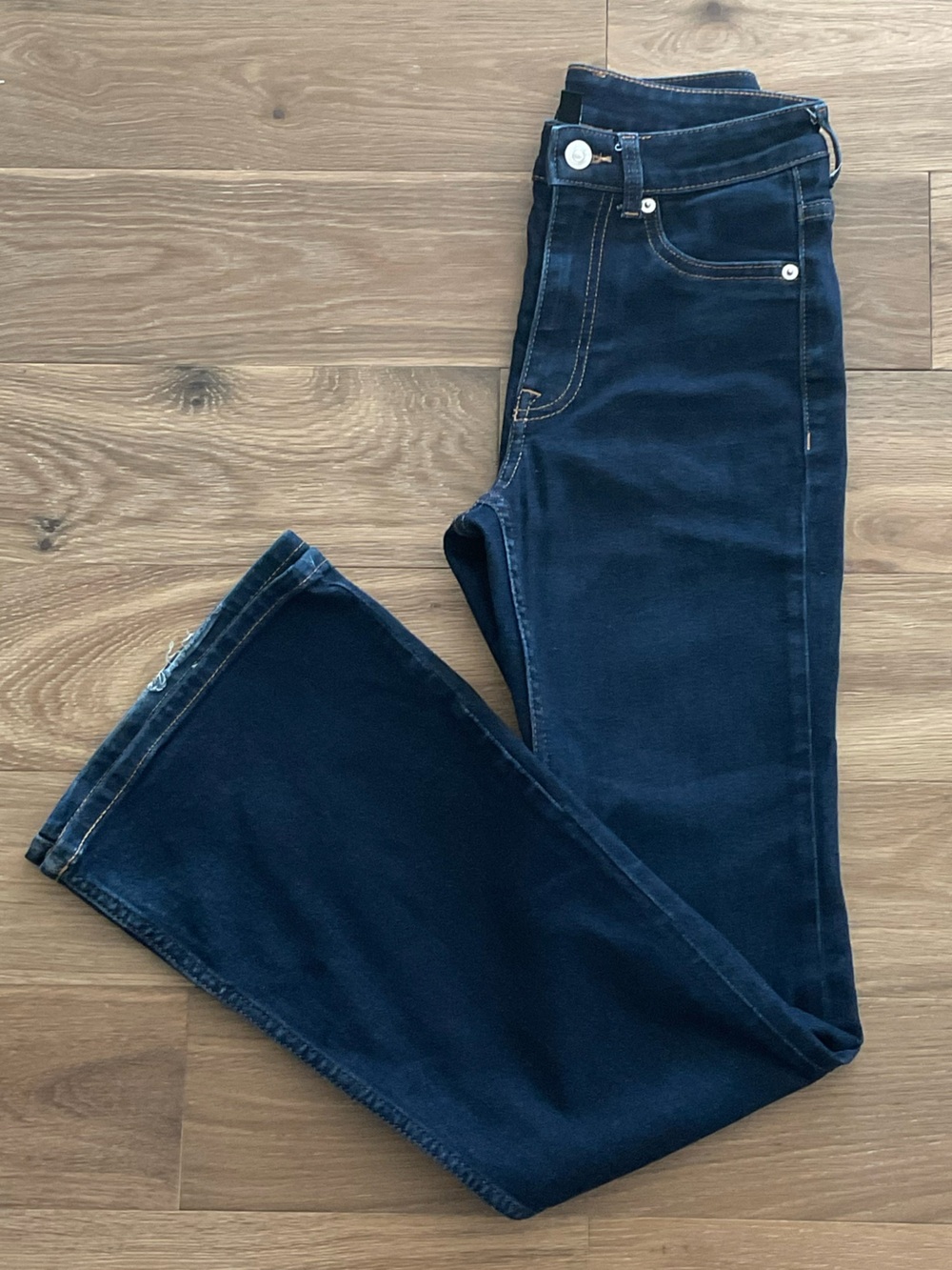 H&M Navy Blue High-Rise Bootcut Denim Jeans with Brown Stitching